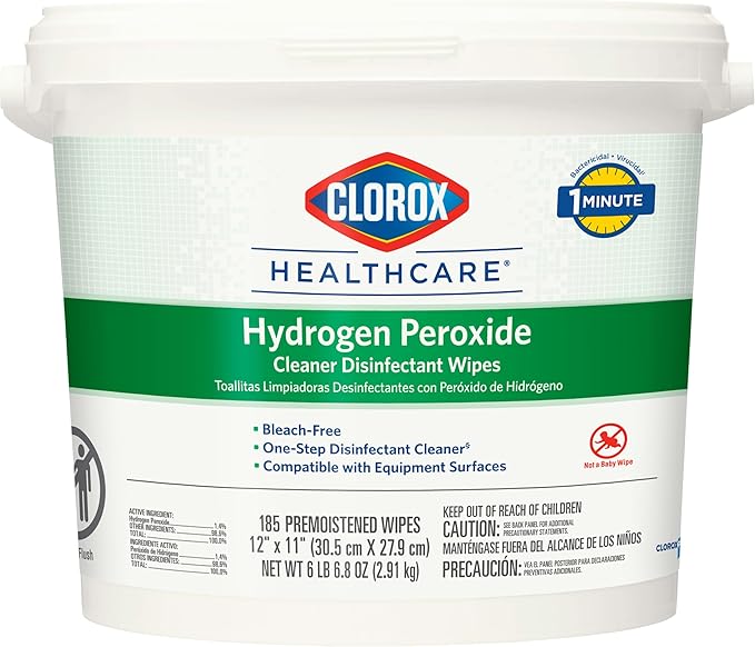 Clorox Healthcare Hydrogen Peroxide Cleaner Disinfectant Wipes, 12" x 11", Bucket, 185 Count (Package May Vary)