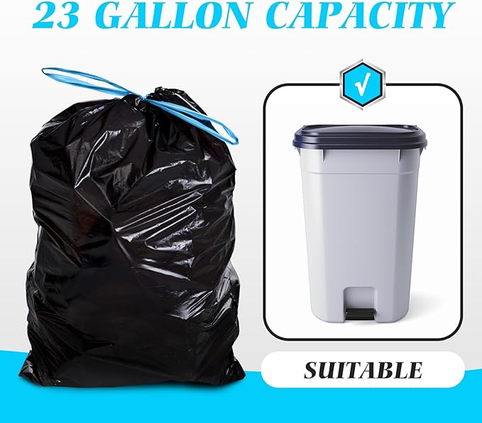 Teivio 23 Gallon Drawstring Trash Bags, 120 Counts, Fit 23 Gallon Rubbermaid Slim Jim Can & 22-25 Gal Tall Kitchen Trash Can，Large Plastic Waste Bin Liners for Home Office Daily Household Use, Black