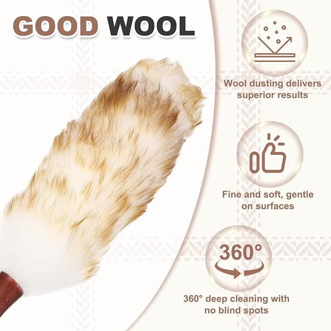 uxcell Wool Duster, 20.5" Natural Feather Cleaner Household Cleaning Duster with Solid Wooden Handle for Cleaning Fans Window Blinds Shelves Furniture, White Coffee