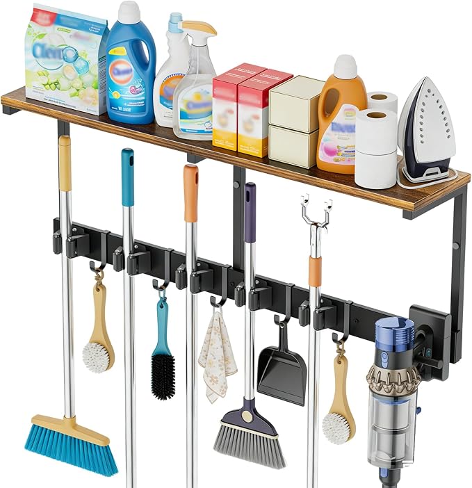 3 in 1Broom Holder Wall Mount,Laundry Room Organization and Storage Shelves with 5 Mop Hanger Rack Gripper Hooks,Utility Shelf Closet Organizer for Garage, Garden,Kitchen,Closet