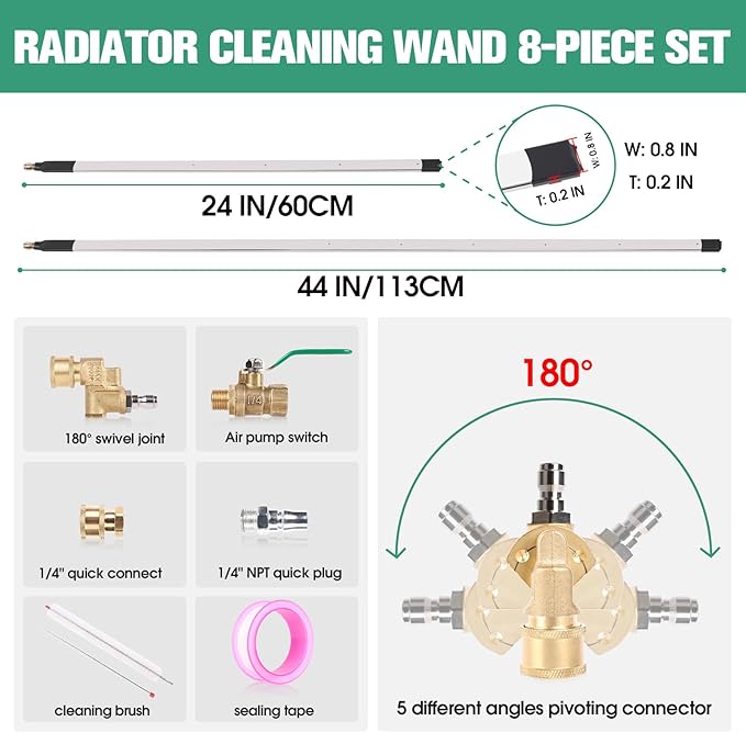 44" and 24" Radiator Cleaning Wand 8-Piece Set, 4500 PSI Stainless Steel Dual Water/Air Pressure Washer Wand with Adapter Set, Sealing Tape and Cleaning Brush for Cars, Trucks, Heavy Equipment