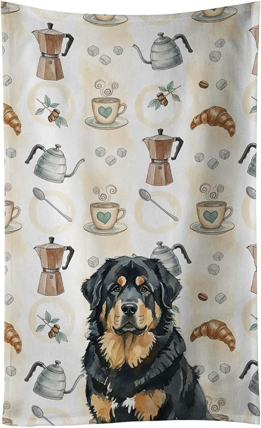 Caroline's Treasures Black and Tan Tibetan Mastiff Coffee Bar Kitchen Towel Velour Plush Front and Cotton Loop Back Machine Washable