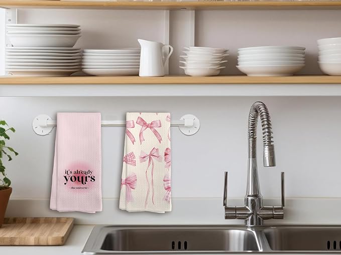 Coquette Pink Preppy Kitchen Towels Set of 4, Preppy Cherry Bathroom Decor Gifts Hand Towels, Pink Coquette Decor Drying Cloth Hand Towels for Girls Dorm Bathroom Kitchen,16 x 24 inches