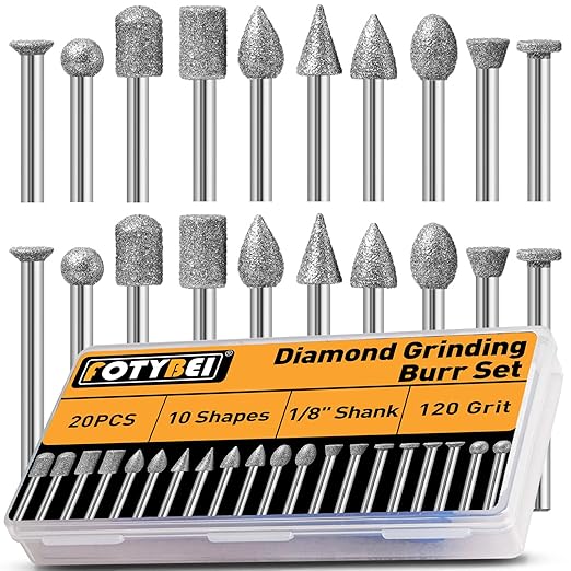 FOTYBEI 20PCS Diamond Grinding Burr Bits Set Compatible with Dremel Rotary Tools, 10 Shapes 1/8" Shank 120 Grit, for Polishing, Grinding, Carving on Glass, Ceramic, Stone (20Pcs-120 Grit)