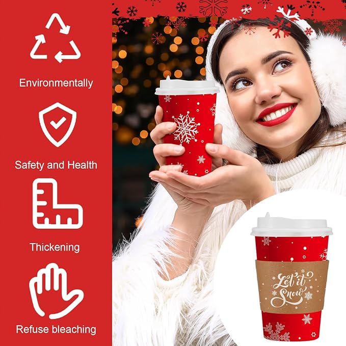 36 Sets/ 108 Pcs Christmas Paper Cups 16 oz Disposable Xmas to Go Coffee Drinking Cups with Lids and Sleeves Xmas Hot Cocoa Coffee Mug for Cold Drinks Hot Chocolate Christmas Party Drinkware Supplies