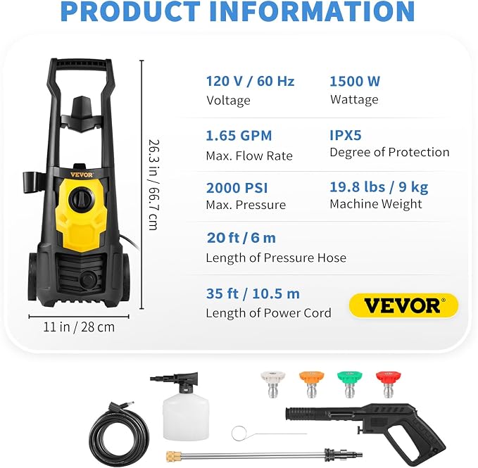 VEVOR Electric Power Washer, 2000 PSI 1.65 GPM, Portable Cleaner with 20ft Hose, Foam Cannon & 4 Nozzles for Cars, Patios, Fences - ETL Listed