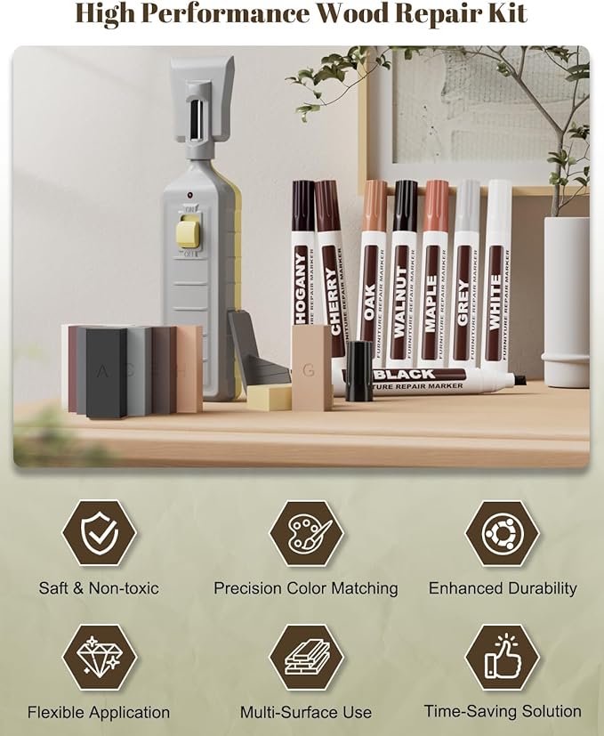 Vinyl Floor Repair Kit with Heat Pen,11 Colors Wood Filler Set,Laminate Floor Furniture Repair Kit Wax Wood Touch Up Markers,for Stains, Scratches,Cover Ups,Wood Floors,Desks and Hole for Door,Cabinet