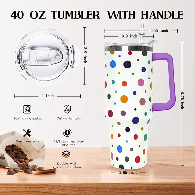 Ceovfoi 40oz Polka Dot Tumbler with Handle Lid Straw, Vacuum Insulated Coffee Mug Water Bottle, Classic Print Decor Gifts for Women