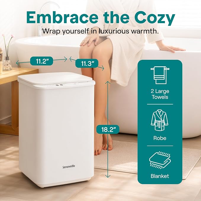 SereneLife Luxury Towel Warmer for Bathroom - Heated Towel Warmer Bucket, Auto Shut Off, Fits Up to Three 40"X70" Oversized Towels, Bathrobes, Blankets, Spa Gift, Scent Disc Included, White