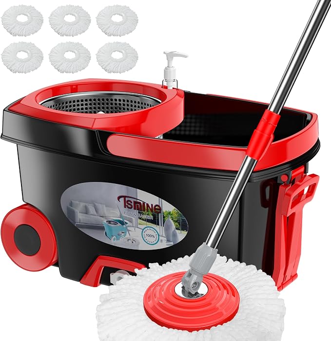 FunClean Spin Mop and Bucket,Mop and Bucket with Wringer Set for Home,360 Spinning Mopping Floor Cleaning Tool with 12 Microfiber Replacement Head Refills,61" Extended Handle, 2X Wheel - Black