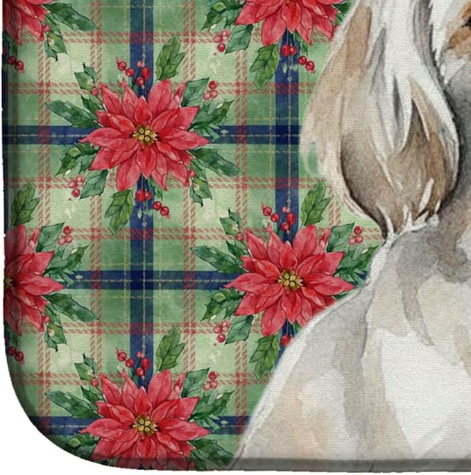 Caroline's Treasures White Tibetan Spaniel Christmas PoinsettIas Dish Drying Mat Absorbent Dish Drying Mat Pad for Kitchen Counter Dish Drainer Mat for Countertop, 14 x 21", Multicolor