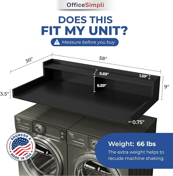 OfficeSimpli Large Washer Dryer Countertop with Shelf - 30 x 58 Inch - Made in USA Laundry Countertop Over Washer and Dryer with Non-Slip Pads, Storage Shelf, Laundry Topper Organizer, Black