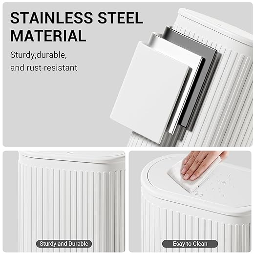 1.8 Gallon Bathroom Trash Can with Lid, Small White Stainless Steel Press Top Garbage Can, Removable Inner Bucket, Includes 60 Trash Bags