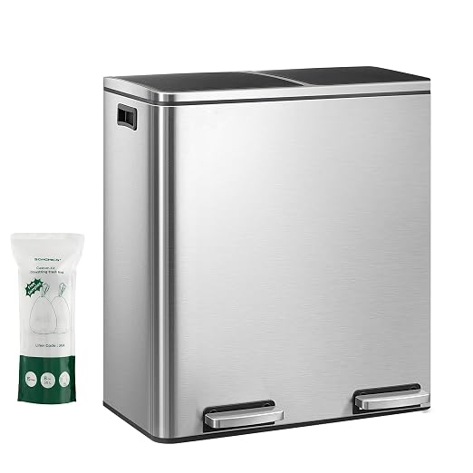 SONGMICS HOME Trash Can with 2 Compartments for Kitchen, Garbage Can with 15 Trash Bags, Silver