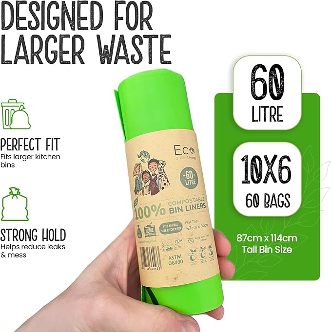 Eco Green Living 100% Compostable Biodegradable Bin Liners 60L Bin Bags For Food Waste, Kitchen Tall Bin Liners, Vegan, Strong, Leakproof, BPA Free, Recyclable, 6 Rolls, 60 Bags