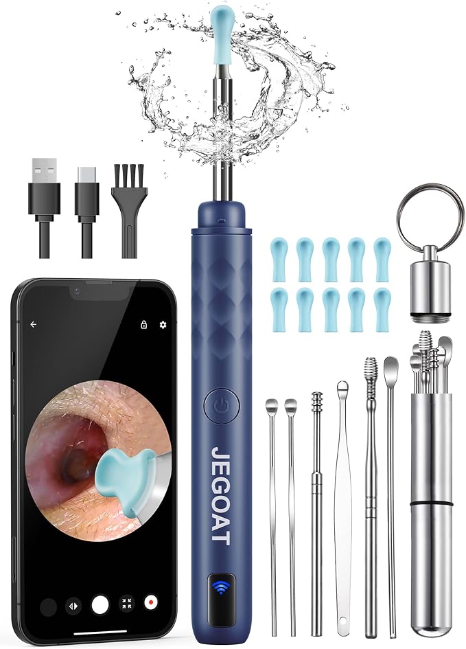 Jegoat Ear Wax Removal, Ear Wax Removal Tool Camera with 1296P HD Camera and 6 LED Lights, Ear Cleaner with 10 Ear Pick, Upgraded Ear Wax Removal Kit for iOS and Android, Navy Blue