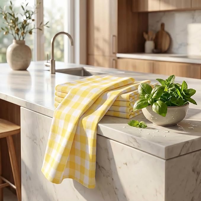 Urban Villa Easter Kitchen Towels Set of 6 Buffalo Checks Yellow/White Kitchen Towels 20X30 Inches 100% Cotton Highly Absorbent Kitchen Towels Premium Quality Ultra Soft Mitered Corners KitchenTowels