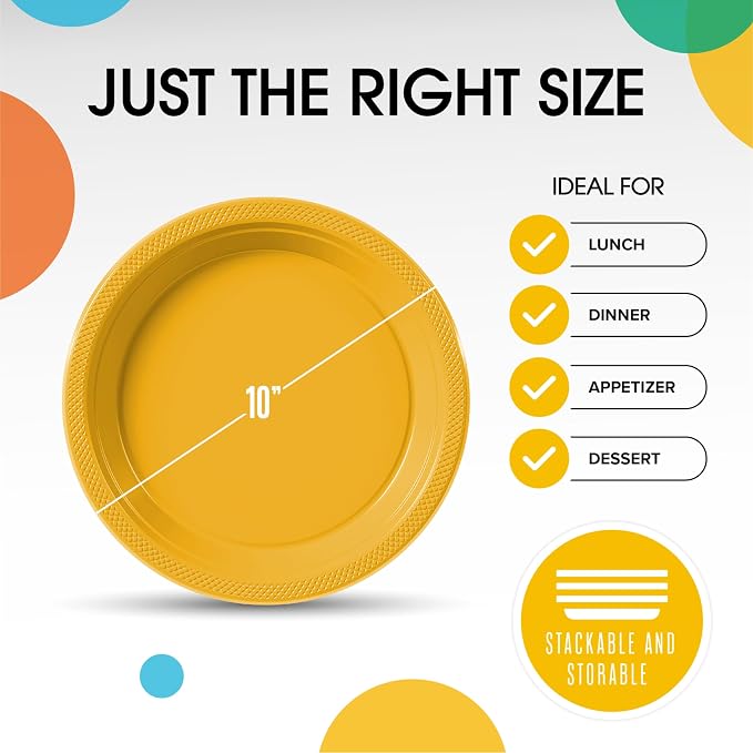 Exquisite Party Solids Yellow Plastic Plates For Party Supplies 10" Yellow Disposable Plates Heavy Duty 50 Pcs Plastic Dinnerware Sets Heavy Duty 350 GSM Disposable Dinnerware Set