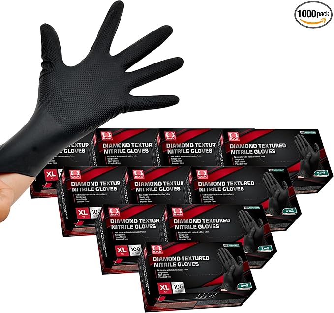 Jointown Basic Heavy Duty Nitrile Gloves, Mechanic Gloves 8 Mil Nitrile Disposable, with Raised Diamond Texture, Case of 1000, Black, XLarge