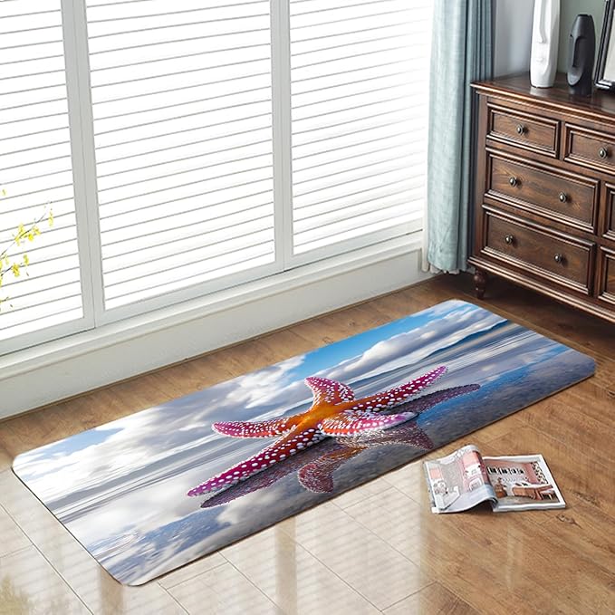 WODEJIA Non Slip Bath Rugs Sponge Foam for Bathroom,Flannel Mat Rug for Living Room, Absorbent MatS for Forlaundry Room and Kitchen,Beach Starfish Welcome Mat 47x18 Inches