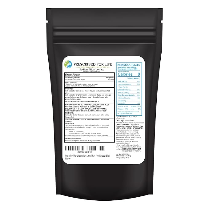 Prescribed For Life Sodium Bicarbonate Powder, Organic Aluminum Free Baking Soda, Bicarbonato de Sodio en Polvo, USP Grade (5kg / 11lb)
