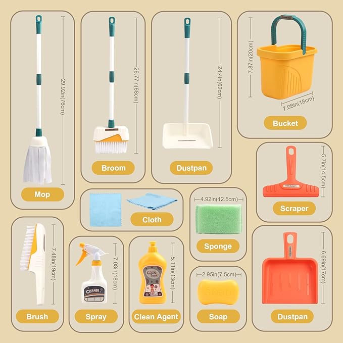 Detachable Kids Cleaning Toy Set - Broom, Mop, Dustpan, Brush, Rag Play, Housekeeping Kit, STEM Really Clean Toys Gift for Girls & Boys