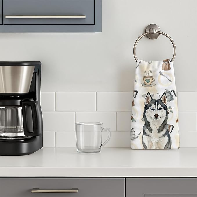 Caroline's Treasures Siberian Husky Coffee Bar Kitchen Towel Velour Plush Front and Cotton Loop Back Machine Washable