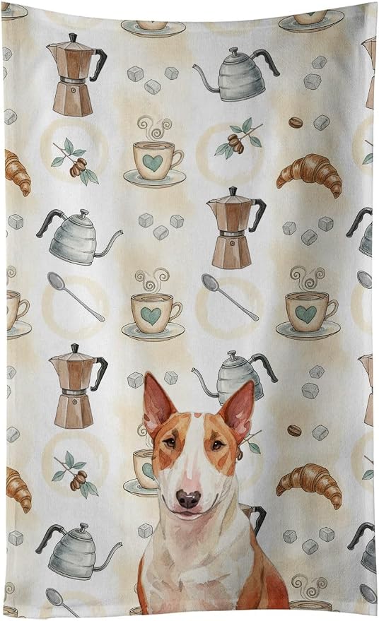 Caroline's Treasures Red and White Bull Terrier Coffee Bar Kitchen Towel Velour Plush Front and Cotton Loop Back Machine Washable