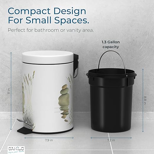 Sanilo Small Bathroom Trash Can with Lid [1.3 Gallon] - Lidded Tiny Trashcan for Garbage - Mini Metal Bin with Soft Closing Mechanism - Bath Room Accessoire Wastebin with Inner Bucket (Balance)