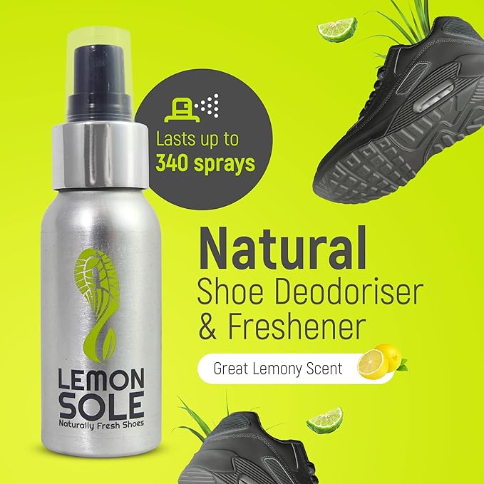 NATURAL SHOE FRESHENER & DEODORISER, Freshening Shoe Spray with 6 Powerful Essential Oils for Long-Term Odour Control, Designed for Sports, Fresh Lemon Scent.