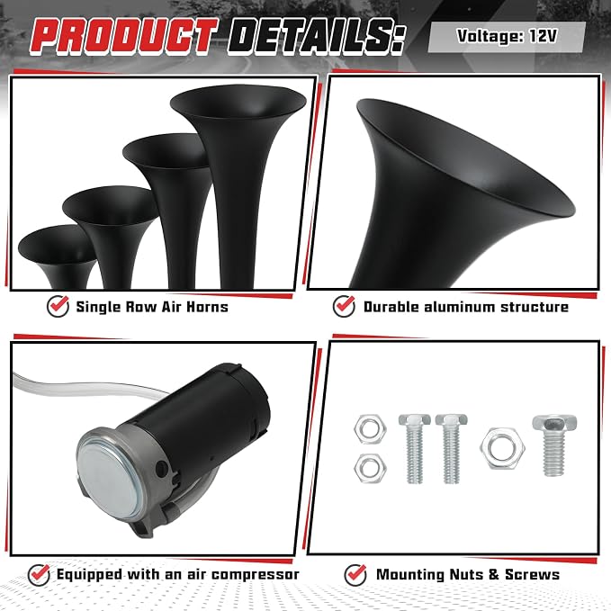 PTNHZ Single Row 4 Trumpet Air Horns Kit w/Air Compressor (No Wiring Harness & Button Switch) 12/24V Super Loud 178dB Universal for Pickup Car Jeep SUV Train Boat(Black)