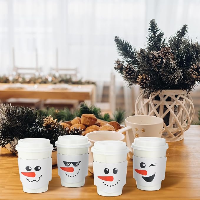 Ziliny 100 Pack 12 oz Christmas Disposable Paper Cups with Lids and Coffee Cup Sleeves Xmas Chocolate Cups Holiday Coffee Cups Snowman Paper Cups for Hot Cold Drinks Beverage Party Supplies