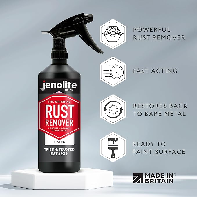 JENOLITE Original Rust Remover for Metal - Fast Acting Liquid with Trigger Spray - Industrial Strength, Removes Rust Back to Bare Metal - 500ml (16.9 fl oz)