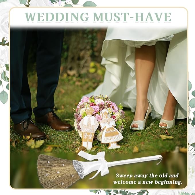 Wedding Brooms for Jumping Ceremony,White Whisk Broom Wedding Broom with White Ribbon and Faux Pearls,Whisk Broom Jumping The Brooms for Wedding DIY Wedding Ceremony Crafts