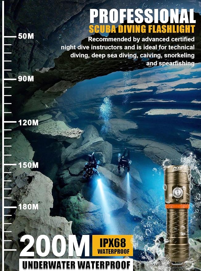PFSN Dive Light 3500 Lumens, Underwater 150M Waterproof Diving Flashlight, 485M Long Range Narrow Beam, 20Hrs Runtime, Safety Lock Switch, Rechargeable LED Dive Torch for Deep Sea Caving, Snorkeling