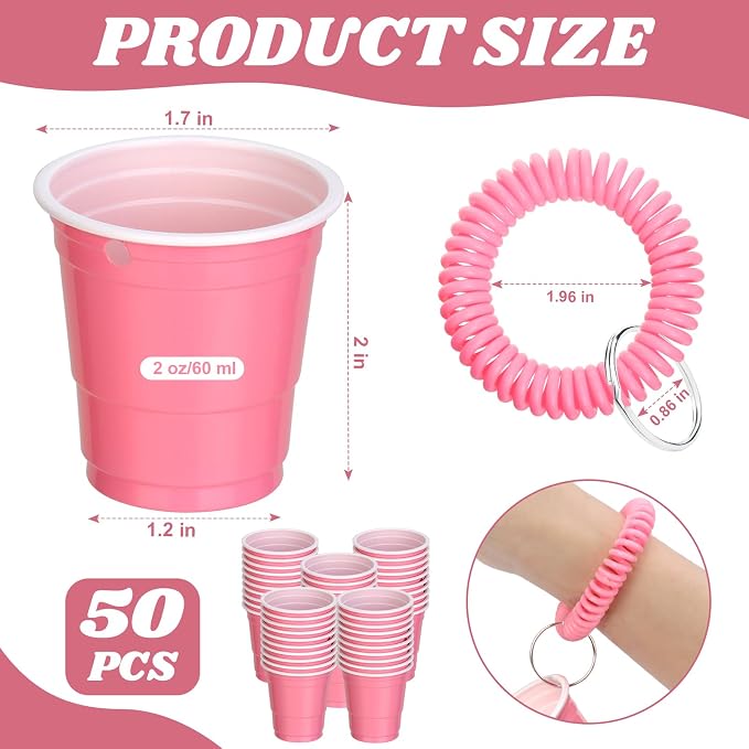 50 Pcs Pink Shot Cups with Wristband for Party 2oz Plastic Shot Glasses Disposable Mini Shot Glasses Bulk with Wrist Coil 2oz Solo Cups for Festival Birthday Favor Wedding Bachelorette Party Supplies
