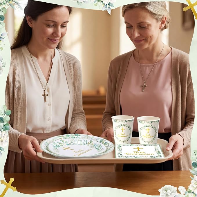 Pickmesh 250 Pcs Green First Holy Communion Disposable Tableware Set God Bless Baptism Disposable Paper Plates Napkins and Cups for Christening Celebration Baby Shower Religious Supplies Serve 50