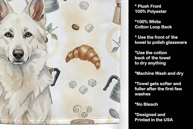 Caroline's Treasures White German Shepherd Coffee Bar Kitchen Towel Velour Plush Front and Cotton Loop Back Machine Washable