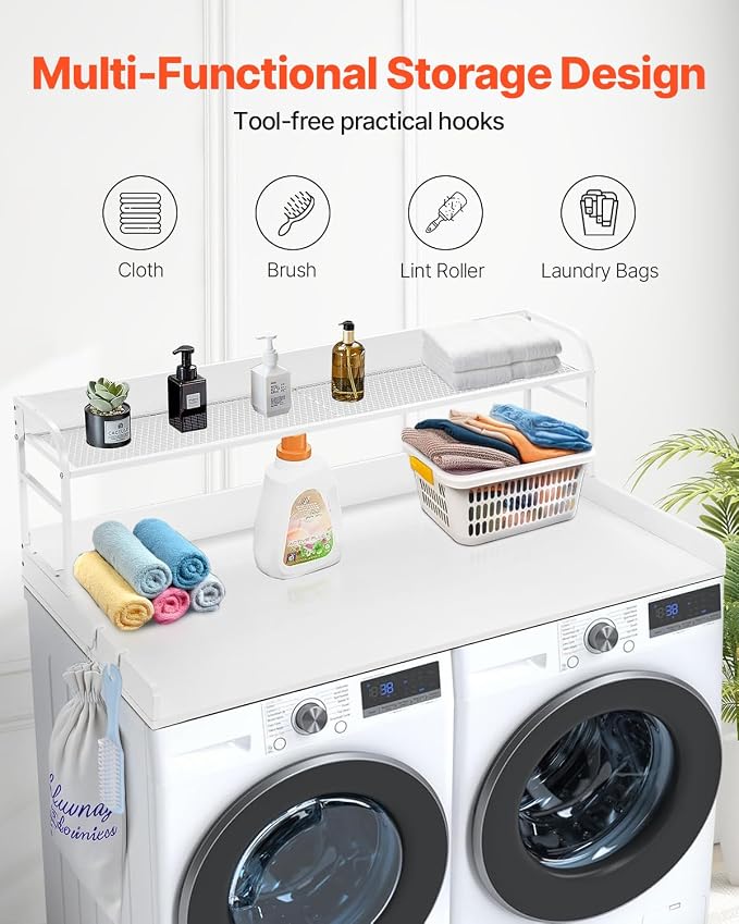 VEVOR Washer Dryer Countertop with 2-Tier Shelf, 54" x 27" Wooden Washer and Dryer Countertop with Anti-Slip Pads, Water-Resistant Laundry Topper Cover for Laundry Room Organization and Storage, White