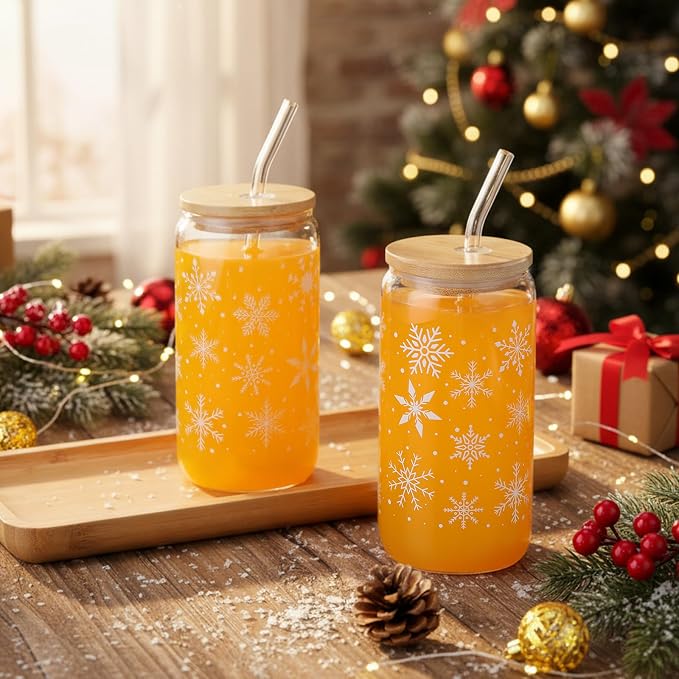 Sliner 2 Pcs Snowflake Glass Cups Christmas Winter Tumbler with Lid Straw Drinking Glasses 16 oz Iced Coffee Cup with Cleaning Brush Beer Can Tumbler Cute Holiday Gifts for Home Office Decorations