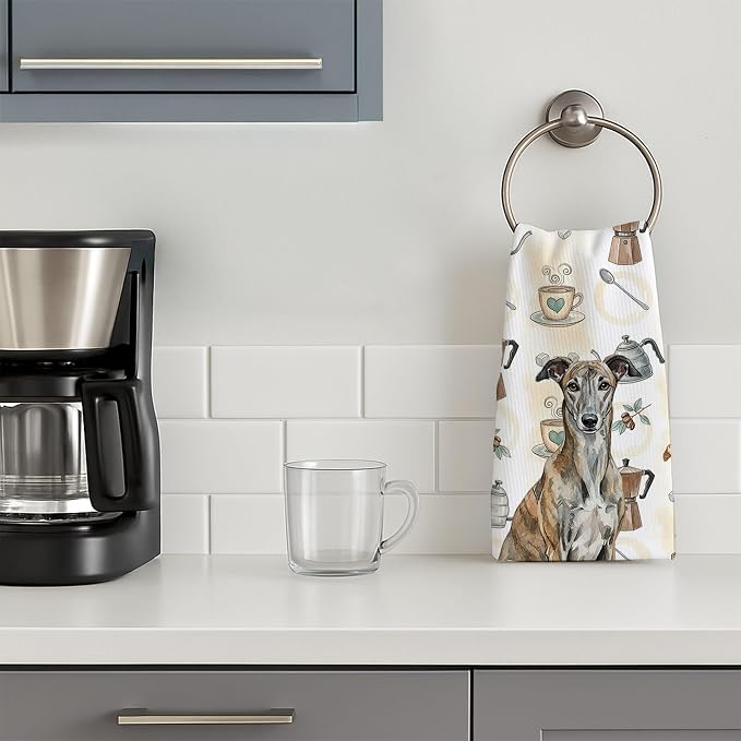 Caroline's Treasures Brindle Greyhound Coffee Bar Kitchen Towel Velour Plush Front and Cotton Loop Back Machine Washable