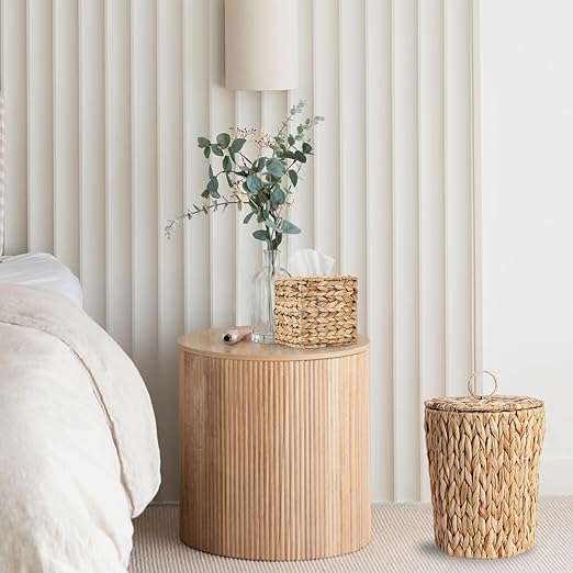 2.6 Gallon Wicker Trash Can with Lid and Square Wicker Tissue Box Cover, Boho Decorative Handwoven Water Hyacinth Rattan Bedroom Bathroom Living Room Accessories Decor (Natural)
