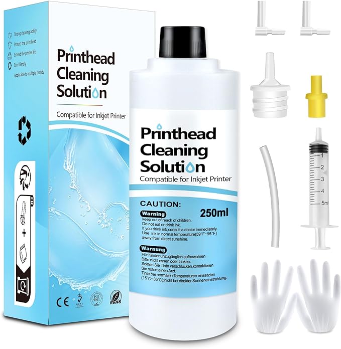 Printhead Cleaning Kit Inkjet Printer 250mL, Printer Cleaning Kit for Epson Ecotank, Print Head Cleaner Solution for HP Printhead, Print Head Cleaner for Canon G3070 G3020 Print Head Cleaner Solution
