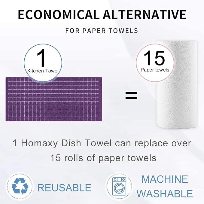 Homaxy Kitchen Towels and Dishcloths Set, 12 x 12 and 13 x 28 Inches, Set of 16 Bulk Cotton Terry Kitchen Towels Set, Checkered Designed, Soft and Super Absorbent Dish Cloths, Purple
