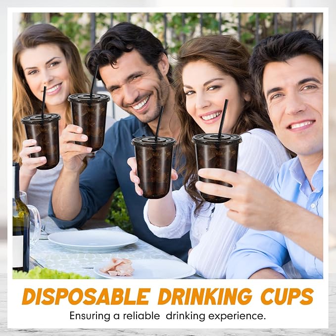 Ziliny 50 Sets Clear Round Bottom Plastic Cups with Lids and Straws, Cute Disposable Drinking Coffee Cups, for Christmas Valentine's Galentine's Day Party Wedding Birthday Supplies (16oz,Black)
