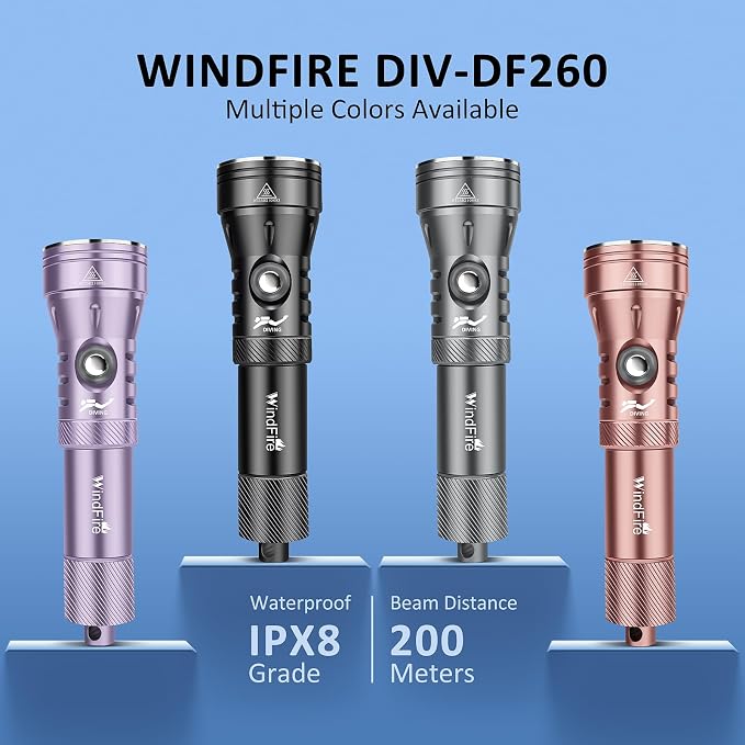 WINDFIRE Dive Lights Scuba Diving Flashlight, High-Powered Waterproof Flash Light with Power Indicator, 4 Modes, 12° Beam Angle, Underwater Scuba & Snorkeling Torch for Diving (Grey)