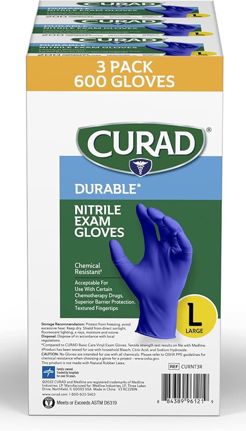 Curad Nitrile Exam Gloves, Durable, Powder Free, Chemical Resistant, Large, 600 Count, Color May Vary