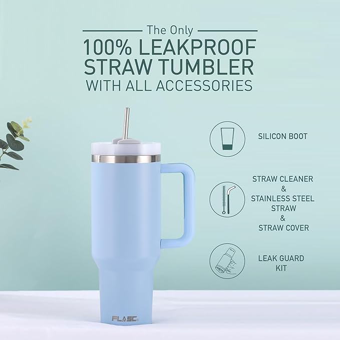 FLASC 40 oz Tumbler With Handle and Straw | 100% Leakproof Insulated Tumbler With Lid and Straw | Includes ALL Accessories: Stainless Steel Straw, Silicon Boot, Straw Cover & Cleaner (Sky Blue)