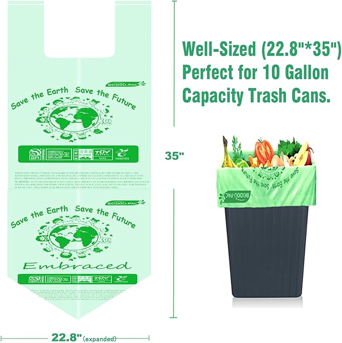 BEIDOU-PAC 13 Gallon Compostable Tall Kitchen Trash Bags with Handle, 50 Count, Sturdy Biodegradable Garbage Bags for Food Scrap Waste, ASTM D6400, US BPI Certified