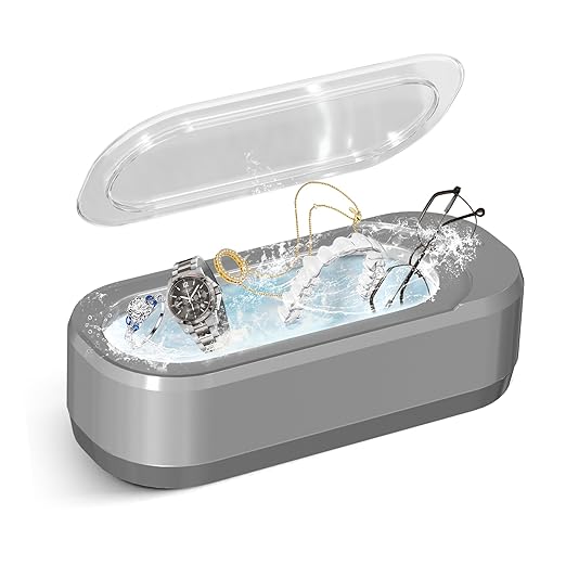 KUNPHY Ultrasonic Jewelry Cleaner, Jewelry Cleaner Machine 12oz 46KHz, Professional Sonic Cleaner with One-Touch Operation, Sonic Cleaner for Rings, Glasses, Jewelry, Dentures, Grey